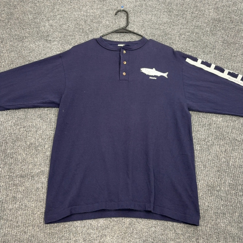 VTG 90s Alaska Salmon Graphic Shirt Men M Navy Long Sleeve Outdoor Cotton Deluxe